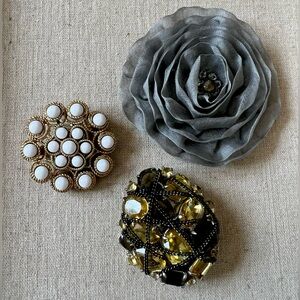 Lot of 3 Stella & Dot Brooch / Pins. White and gold, gray organza, chain wrap